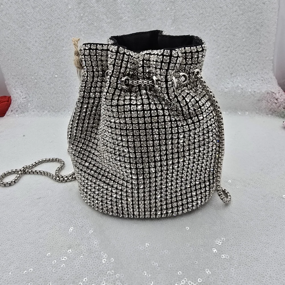 E|N Expressions NYC Rhinestone Small Bucket Bag Top Handle Shoulder Silver-tone